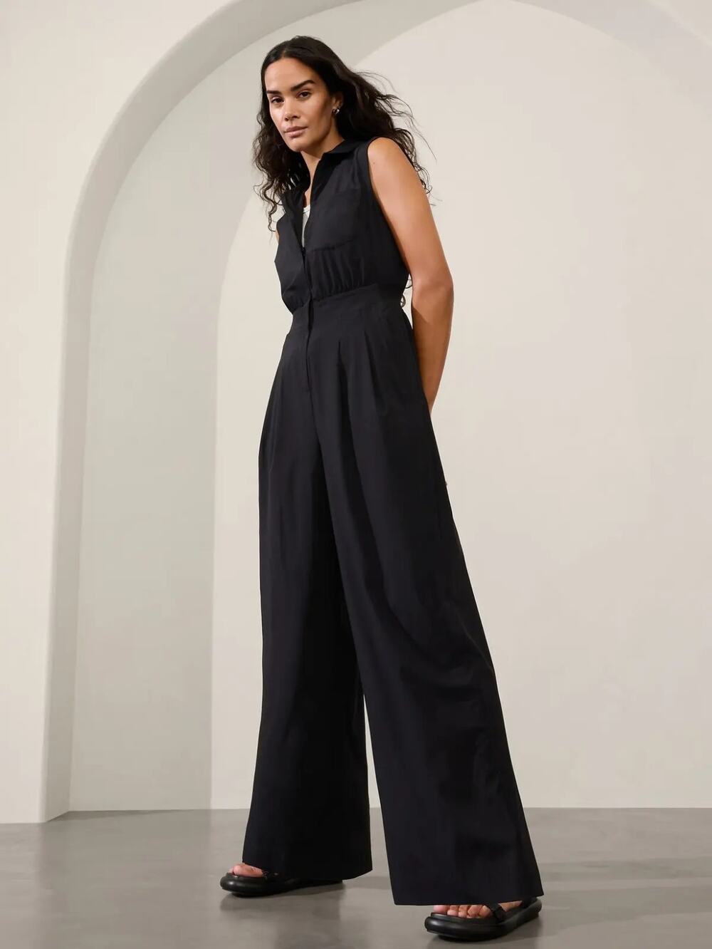 Athleta brooklyn heights wide leg jumpsuit 16 Tall Black Versatile Travel Office